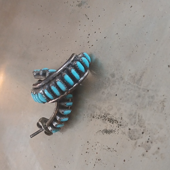 Zuni Sterling Turquoise 1/2 Hoop Earrings - Picture 2 of 3